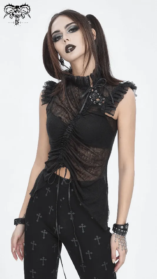 EVEs SECRETS Anal Sophisticated Womens Sheer Black Top with Ruffled Accents