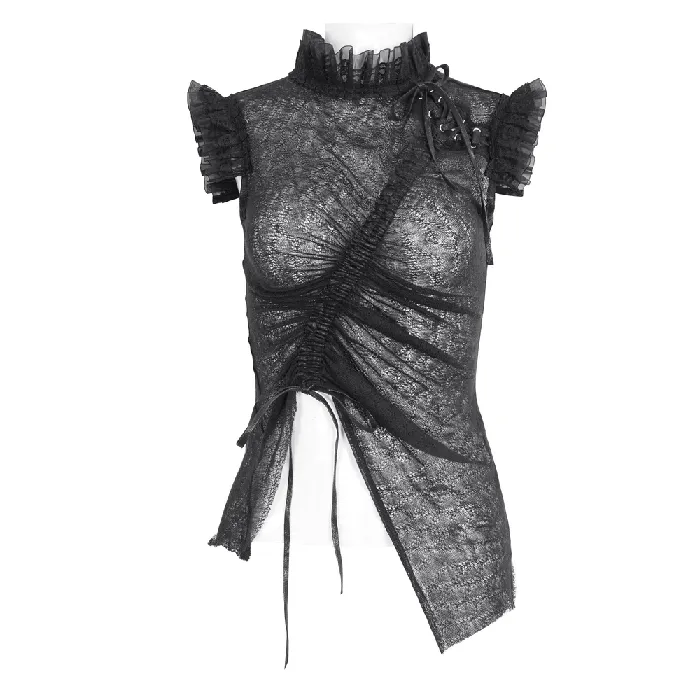 EVEs SECRETS Anal Sophisticated Womens Sheer Black Top with Ruffled Accents