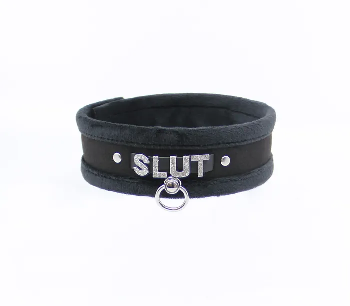 Male Sex Toys Love in Leather Love in Leather Fluffy Diamante SLUT Collar Black with O Ring